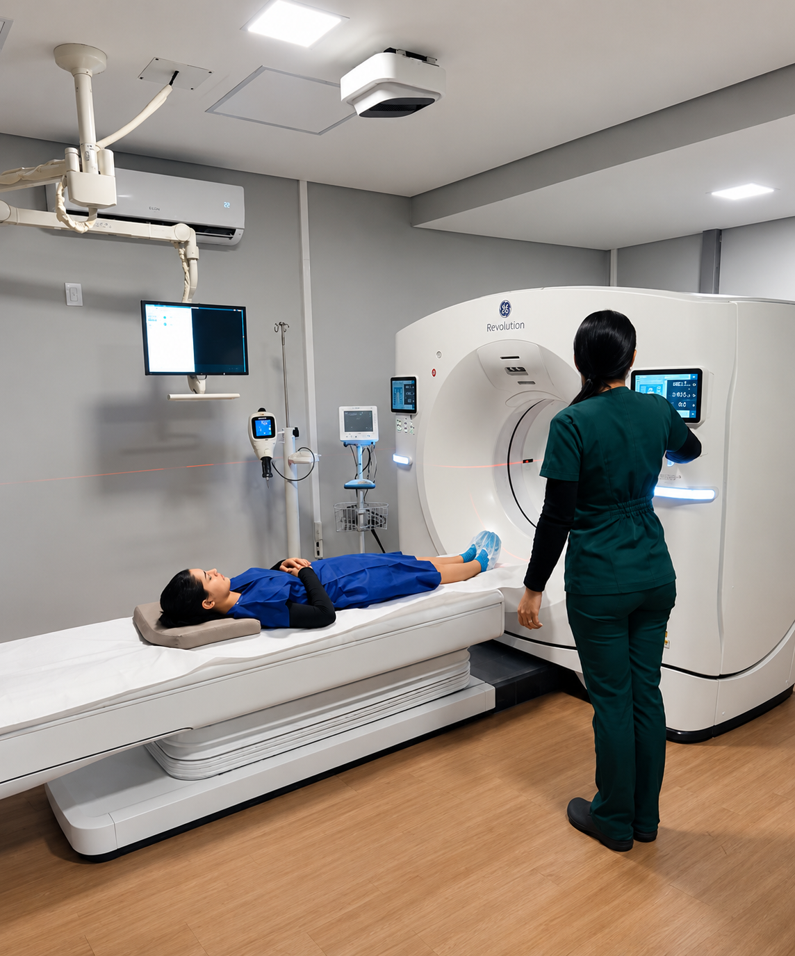 Angiotomografia de coronárias em Goiânia: paciente sendo posicionada no tomógrafo da Aura Diagnósticos